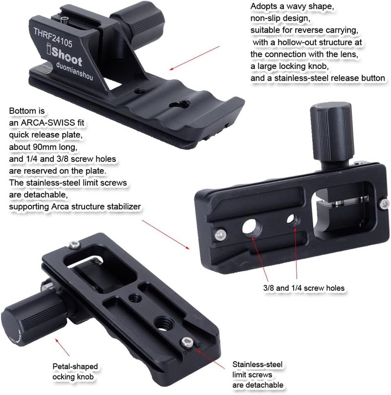 iShoot Lens Collar Stand Replacement Foot Tripod Mount Ring Base Compatible with Canon RF 24-105mm F2.8 L is USM Z, Support Bracket Holder Arca-Swiss Fit Quick Release Plate for Arca Clamp Stabilizer - Image 3